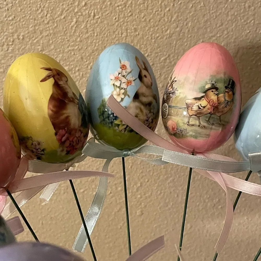 Vintage Decoupage Eggs with Vintage Easter Prints on Long Wire Picks with Ribbon